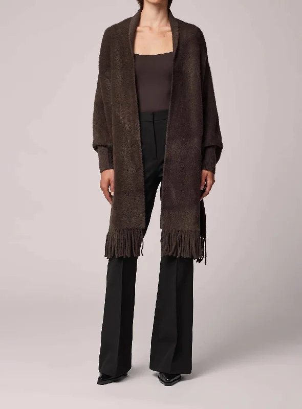 Danela Knit Scarfigan With Fringe In Mushroom