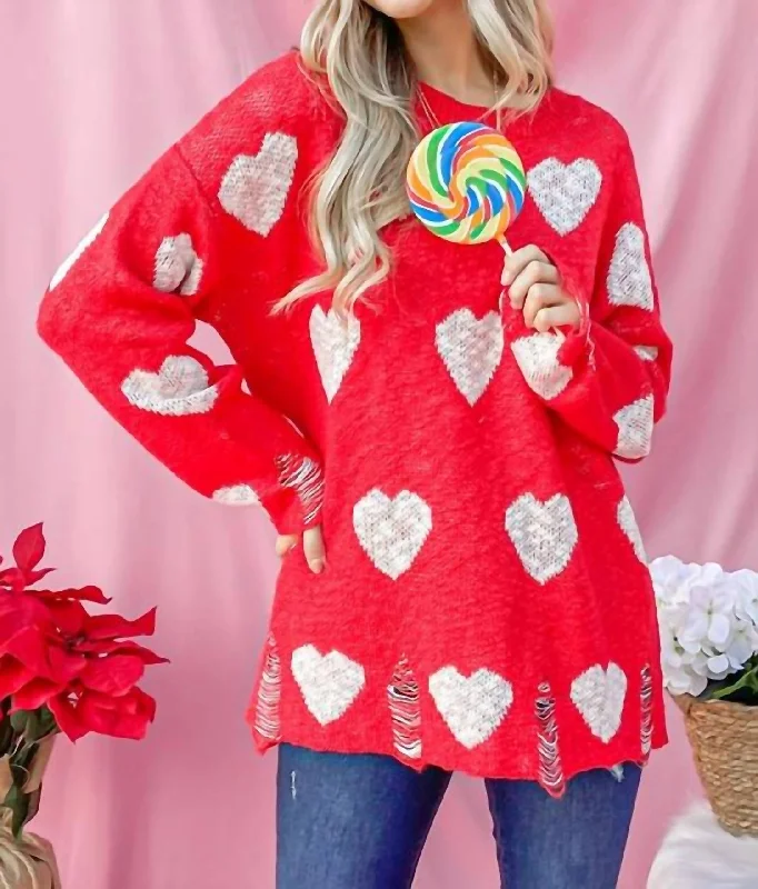 Distressed Sweater With Hearts In Red