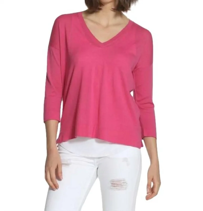 Solid Swing V Neck Pullover In Pink