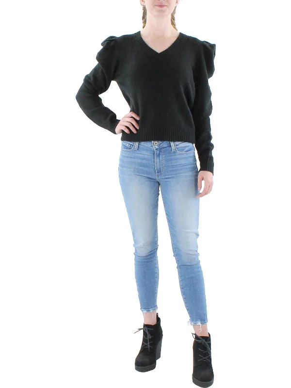 Womens Ribbed Trim V-Neck Pullover Sweater