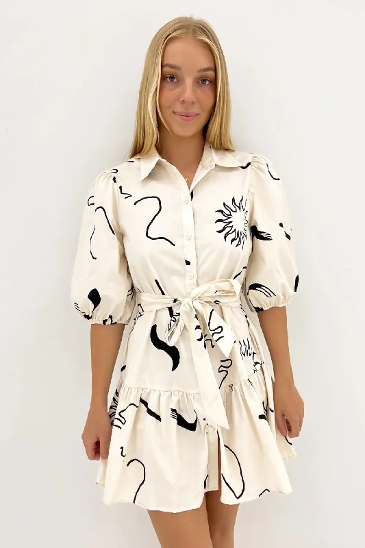 Georgi Mini Dress Beige Black Swirl Sun